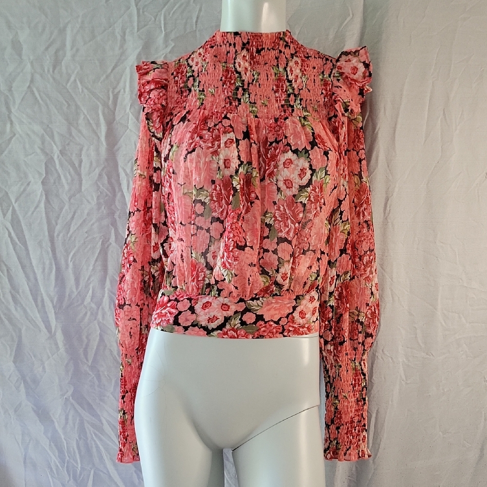 Bardot Pink Floral Smocked Blouse Bishop Sleeve Tie Waist Boho Festival Top XS